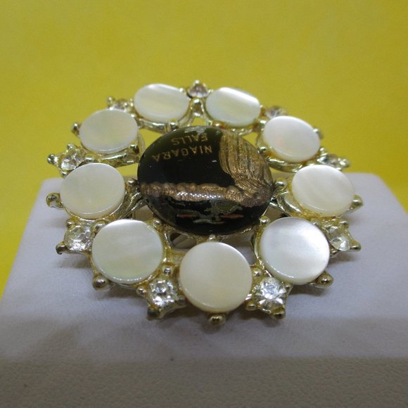 Niagra Falls Reverse Glass Rhinestones Mother Of Pearl Brooch - Picture 4 of 8